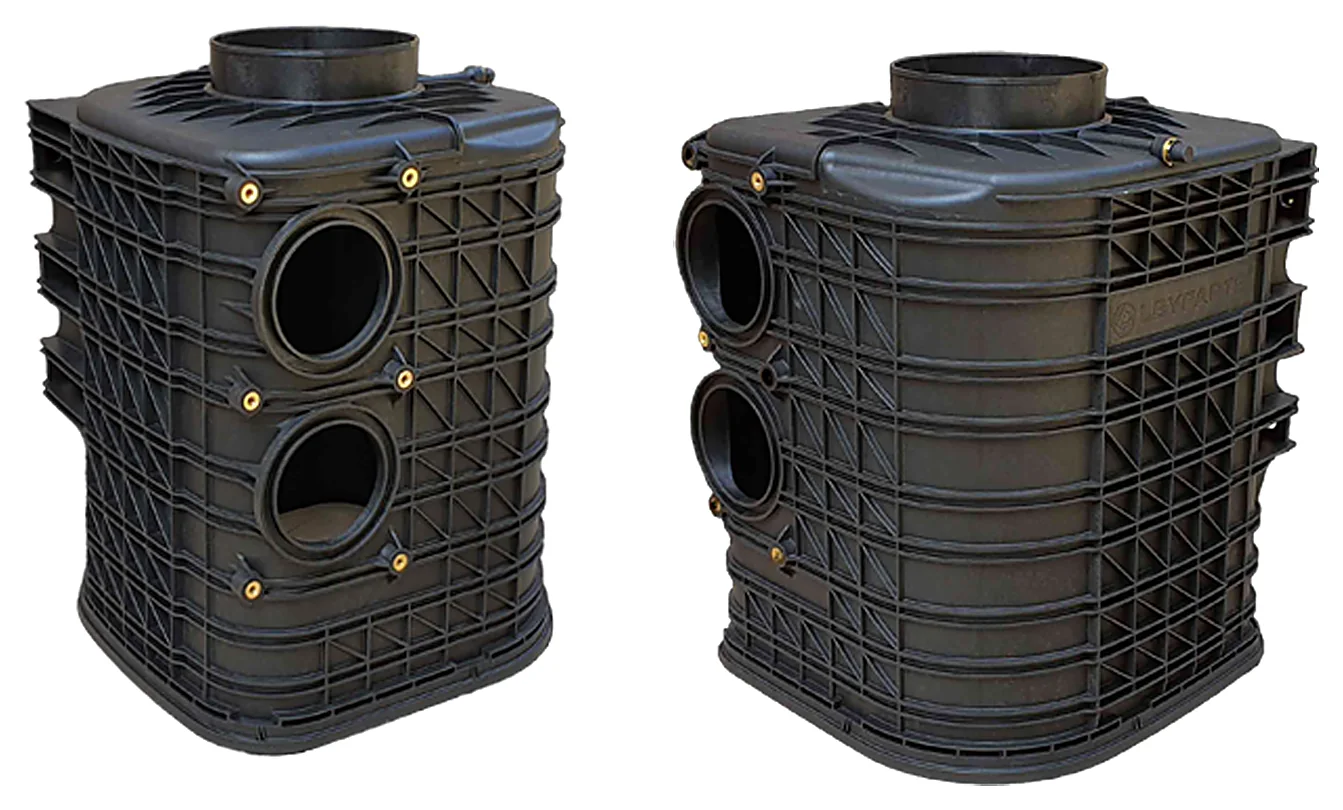 Two views of a LEYPART air filter housing injection moulded by Kruger Industries